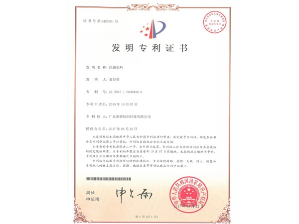 世界杯官网2017年获顺德政府颁发“发明专利证书”